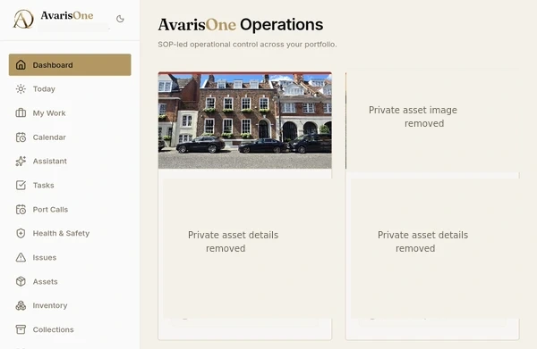 Staff and task dashboard with asset tiles and navigation; private asset details removed
