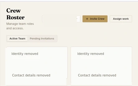 Cropped, redacted screenshot of a staff and crew roster