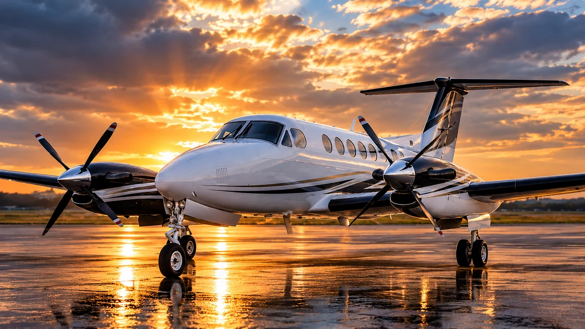 White twin-engine turboprop aircraft on a wet apron at sunset, with golden reflections beneath a blue-orange sky