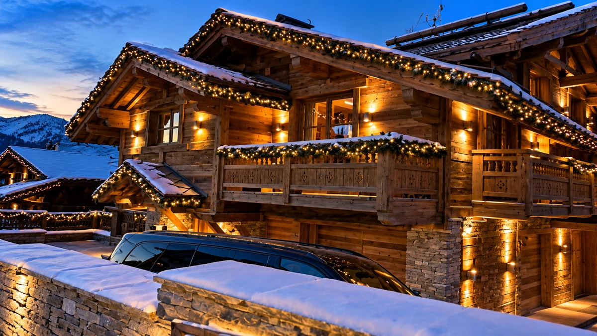 Snow-covered timber alpine chalet at blue-hour dusk, with warm festive lights and a stone wall