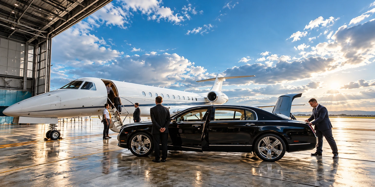 Generated illustration of a white private jet and black executive sedan with chauffeurs beside an airport hangar