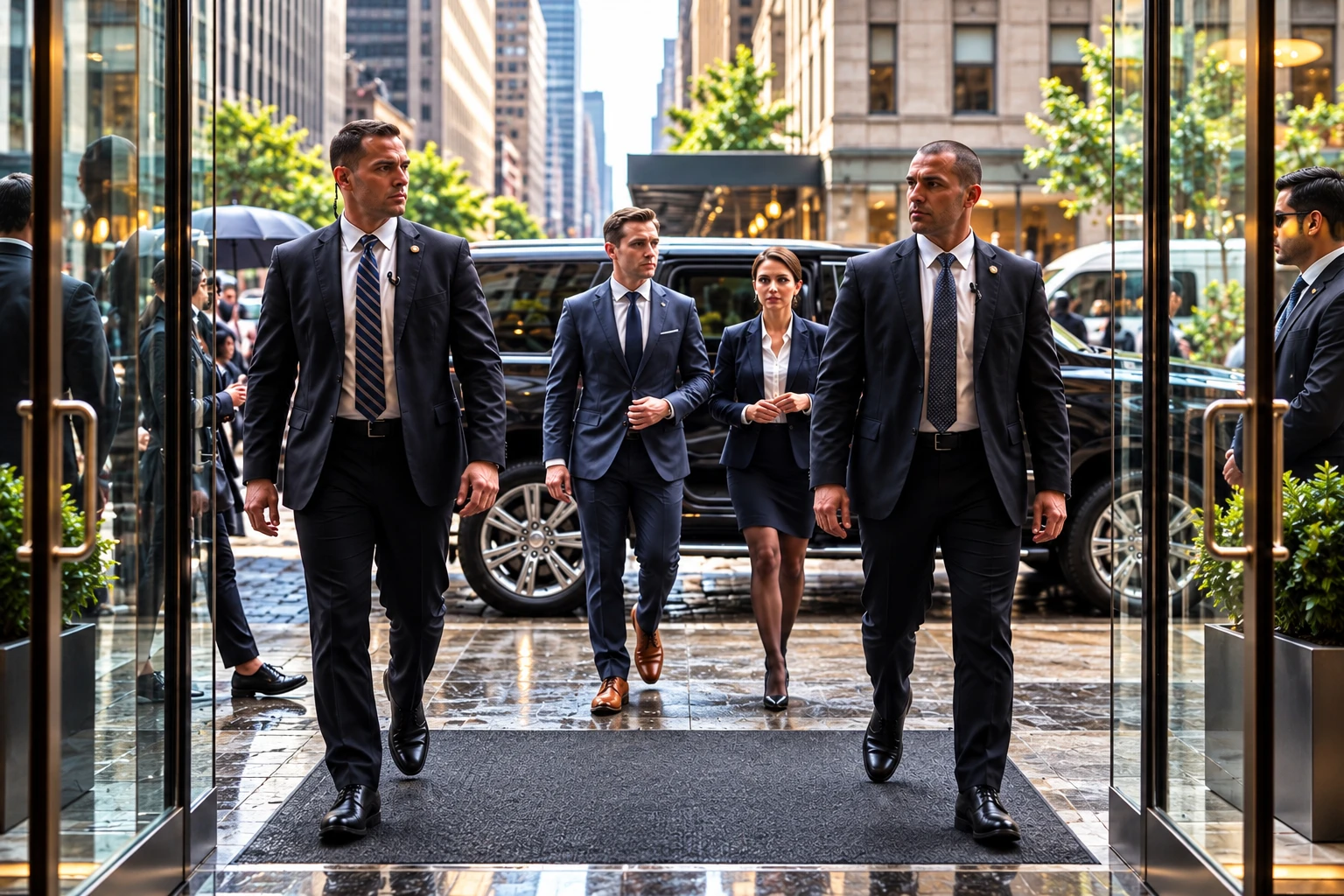 Generated illustration of suited protection officers accompanying two people through a glass city entrance, with a black SUV outside