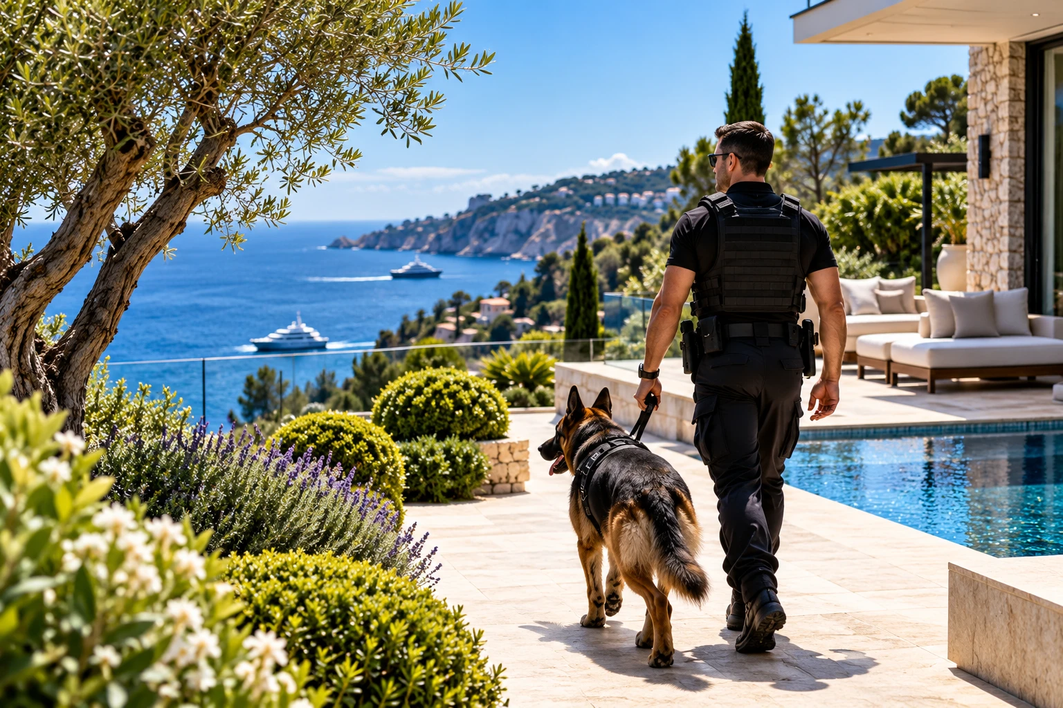 Generated illustration of a black-clad handler and German Shepherd beside a coastal villa pool, overlooking the sea and yachts