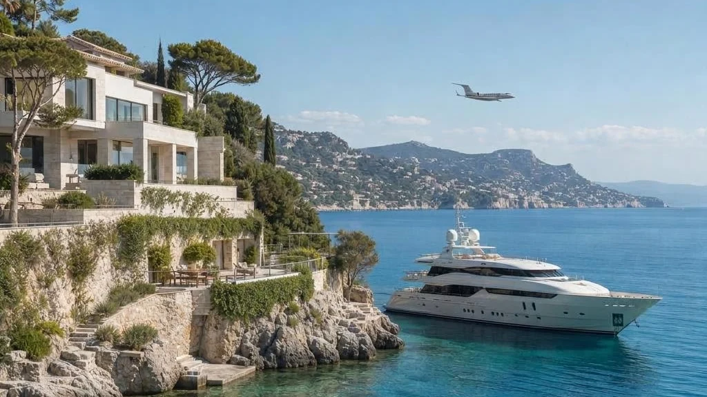 Bright Mediterranean panorama with a coastal residence on the left, a private jet high in the sky on the right and a white yacht on the sea below it