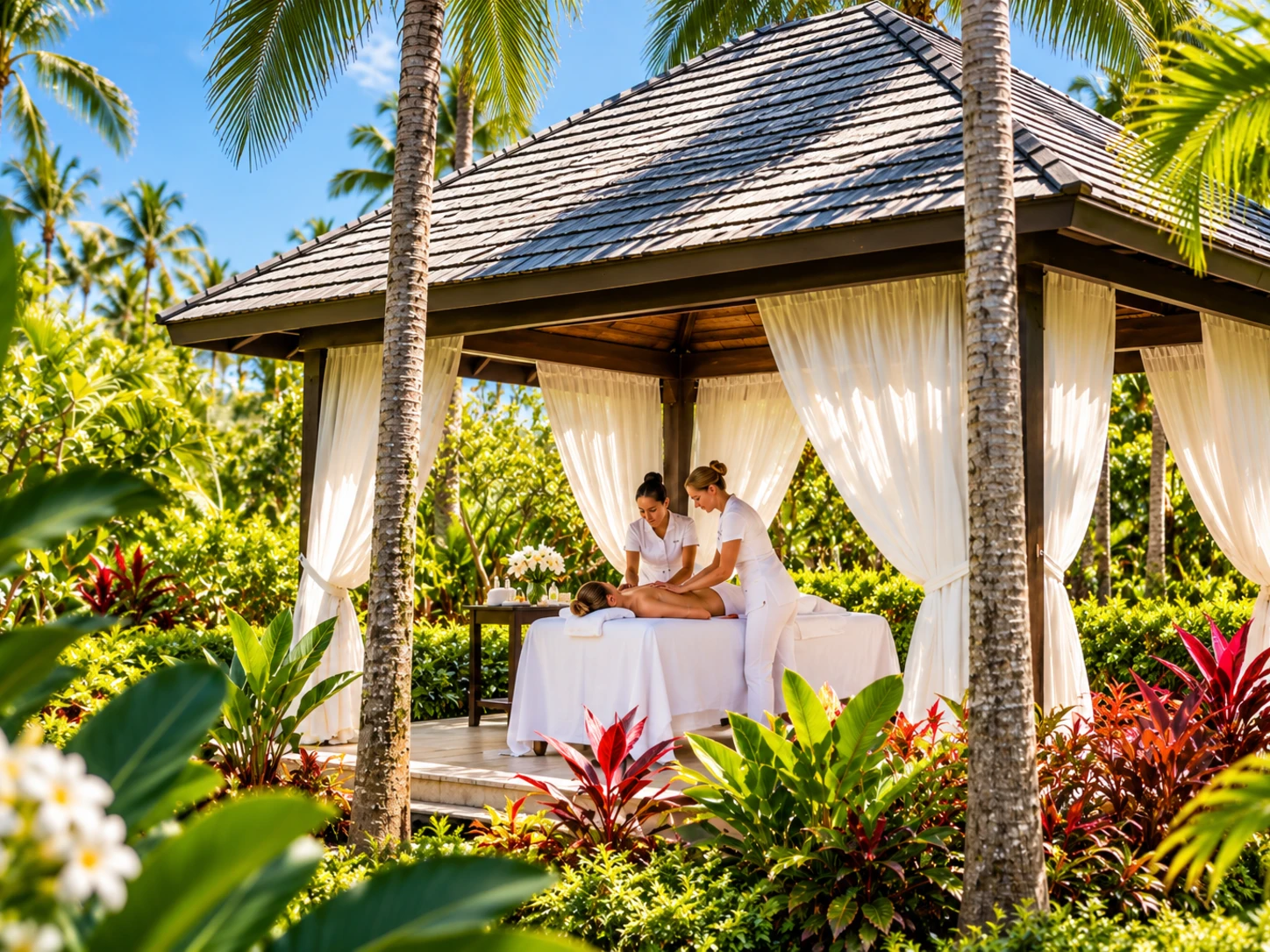 Generated illustration of a private massage with two therapists in a tropical garden pavilion with white curtains