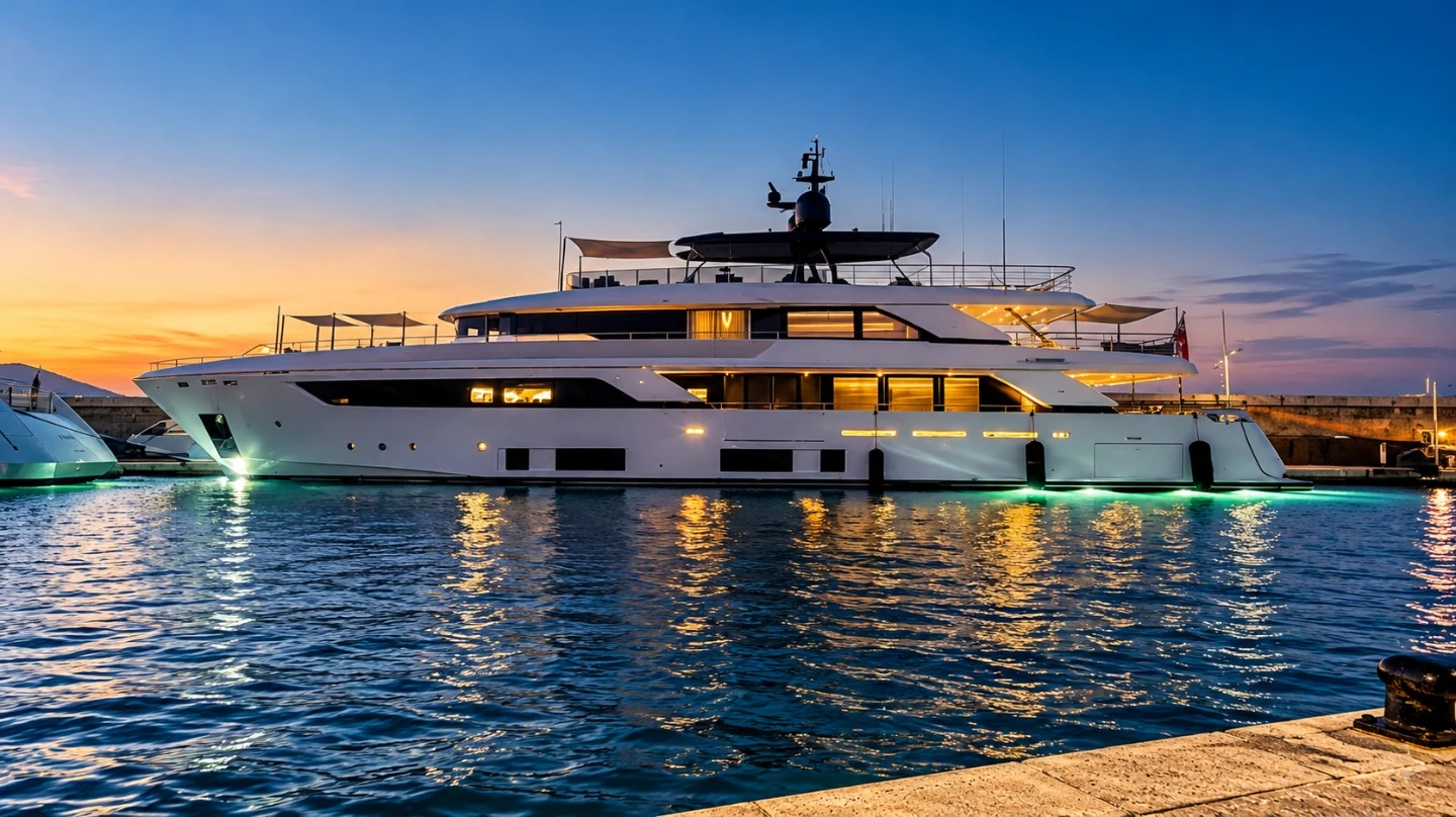 White superyacht at dusk with warmly lit windows and turquoise lighting reflected in the water